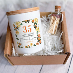 35th Coral Wedding Anniversary Candle Personalised Floral Gift for Couple Parents Grandparents or Friend with Names Date 35 Anniversary Gift