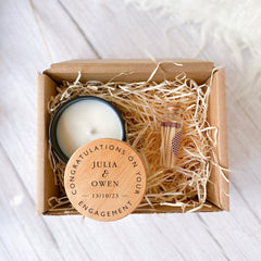Personalised Engagement Candle with Wooden Engraving Lid, Gift for Engaged Couple, Hand Poured Luxury Keepsake Congratulations on Your happyinky