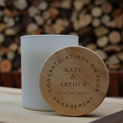 Personalised Engagement Candle with Wooden Engraving Lid, Gift for Engaged Couple, Hand Poured Luxury Keepsake Congratulations on Your happyinky