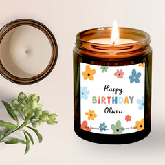 Personalised Happy Birthday Scented Candle with Name, Birthday Gift for Her Him, Colourful Flowers, Floral Birthday Present Girl Teenage happyinky