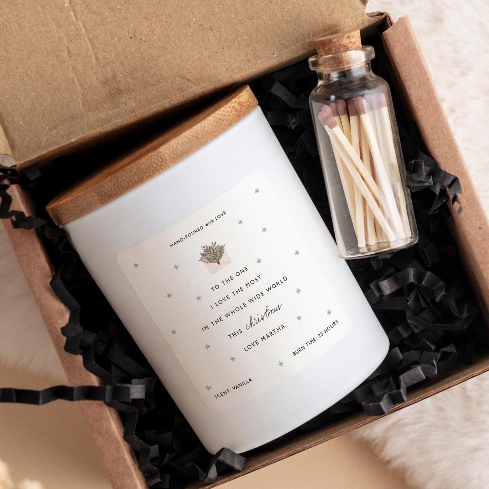 Christmas Candle Gift for Boyfriend Girlfriend Husband Wife Fiancé Fiancée Xmas Vegan Soy Wax Free Gift Package and Mini Matches Jar