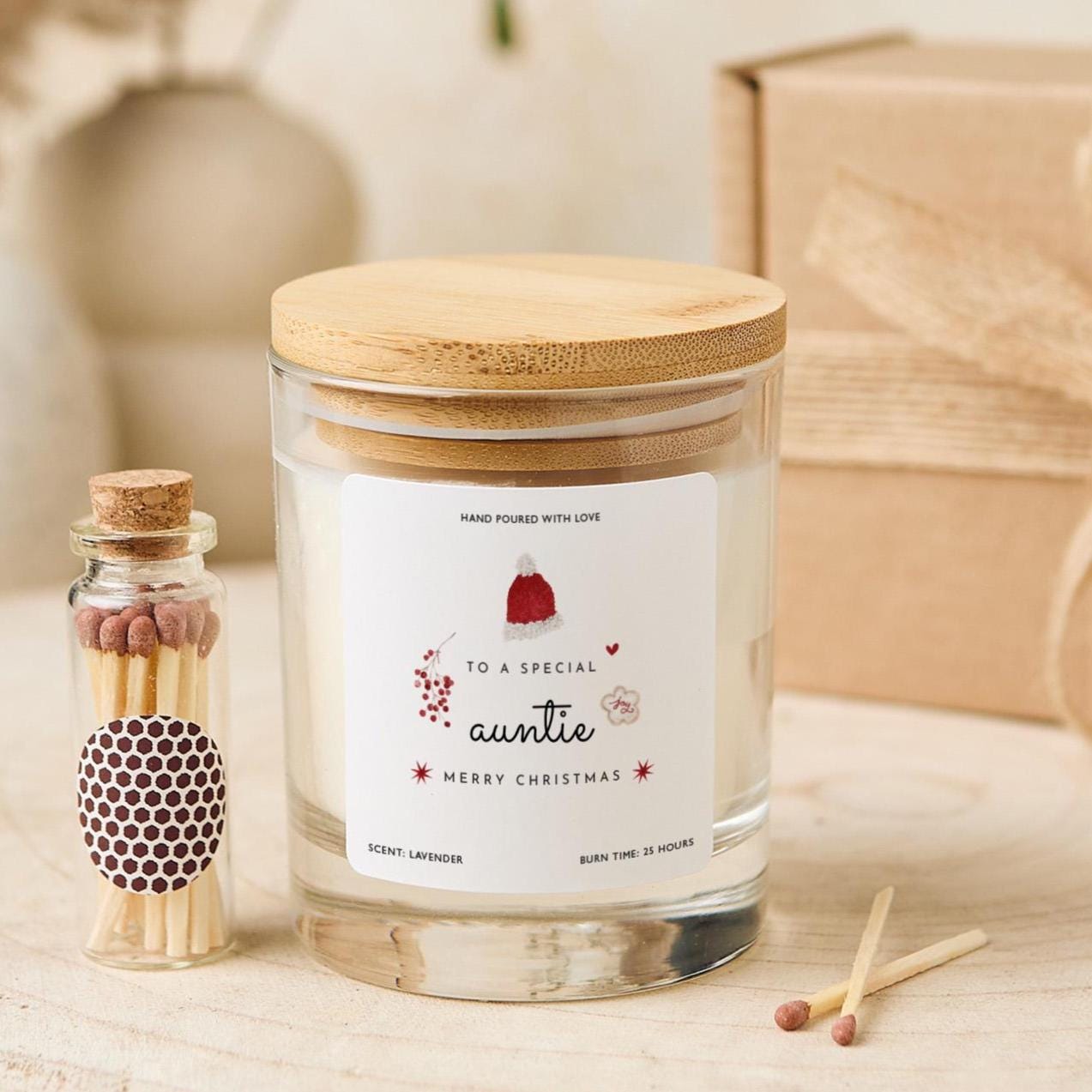 Christmas Gift for Auntie Vegan Soy Wax Candle with Bamboo Lid Free Gift Package with Mini Matches Jar