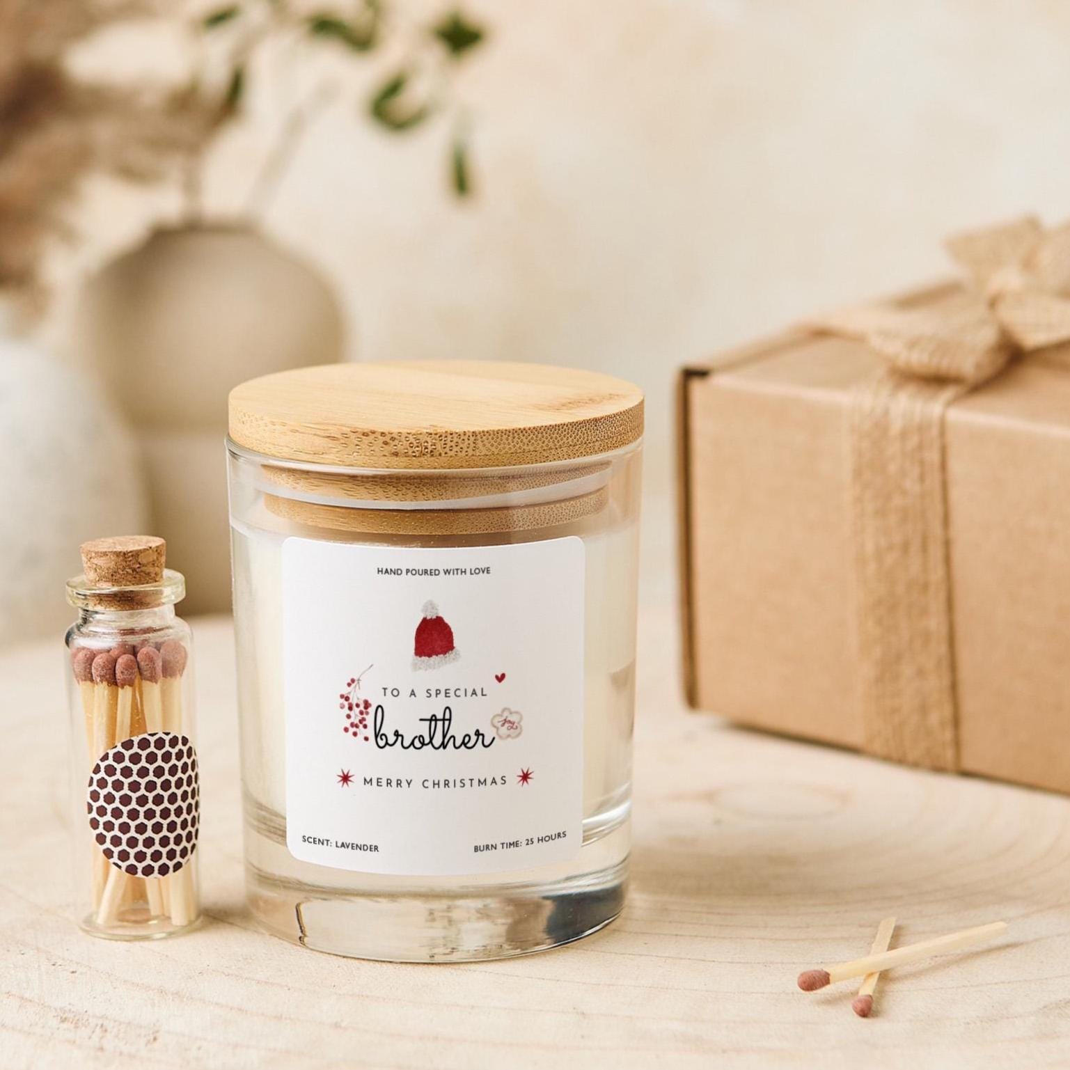 Christmas Gift for Brother Vegan Soy Wax Candle with Bamboo Lid Free Gift Package with Mini Matches Jar