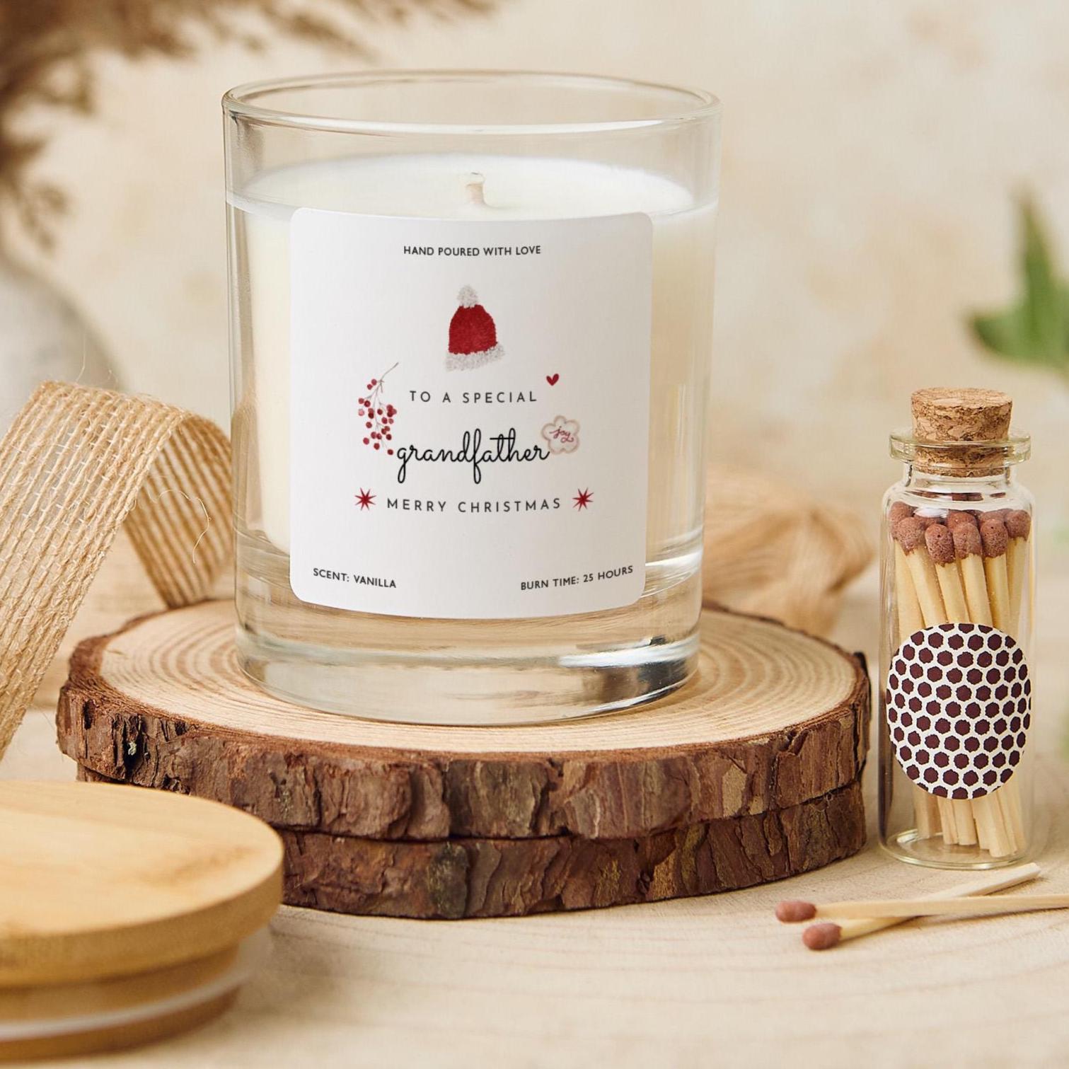 Christmas gift for Grandfather Vegan Soy Wax Candle with Bamboo Lid Free Gift Package with Mini Matches Jar