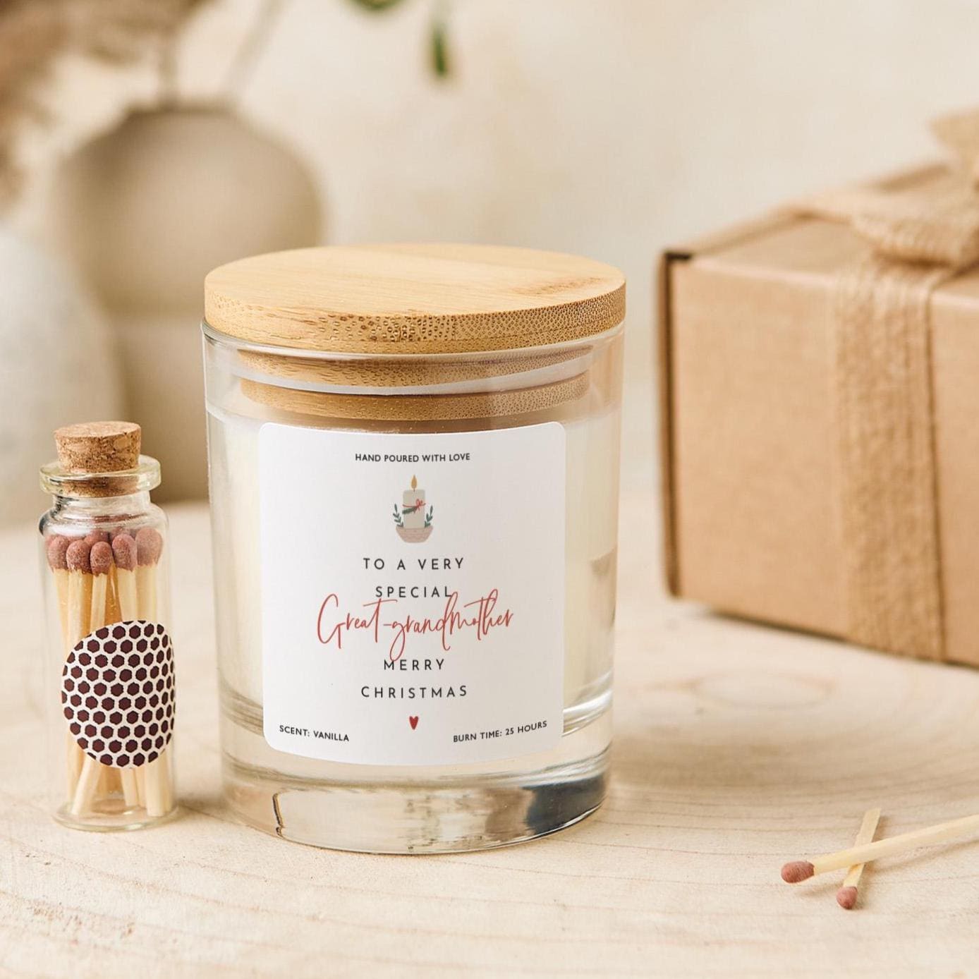 Christmas Gift for Great Grandmother Vegan Soy Wax Candle with Bamboo Lid Free Gift Package with Mini Matches Jar