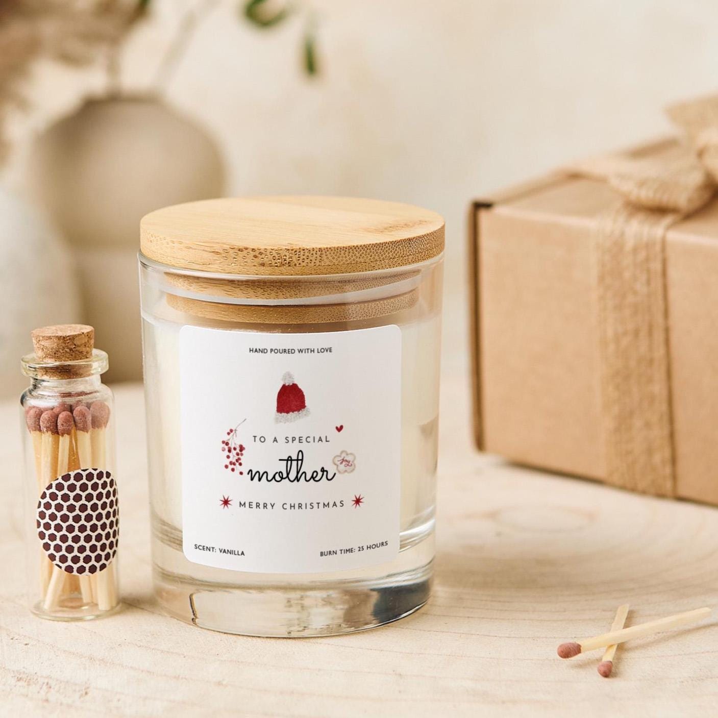 Christmas Gift for Mother Mummy Mum Vegan Soy Wax Candle with Bamboo Lid Free Gift Package with Mini Matches Jar