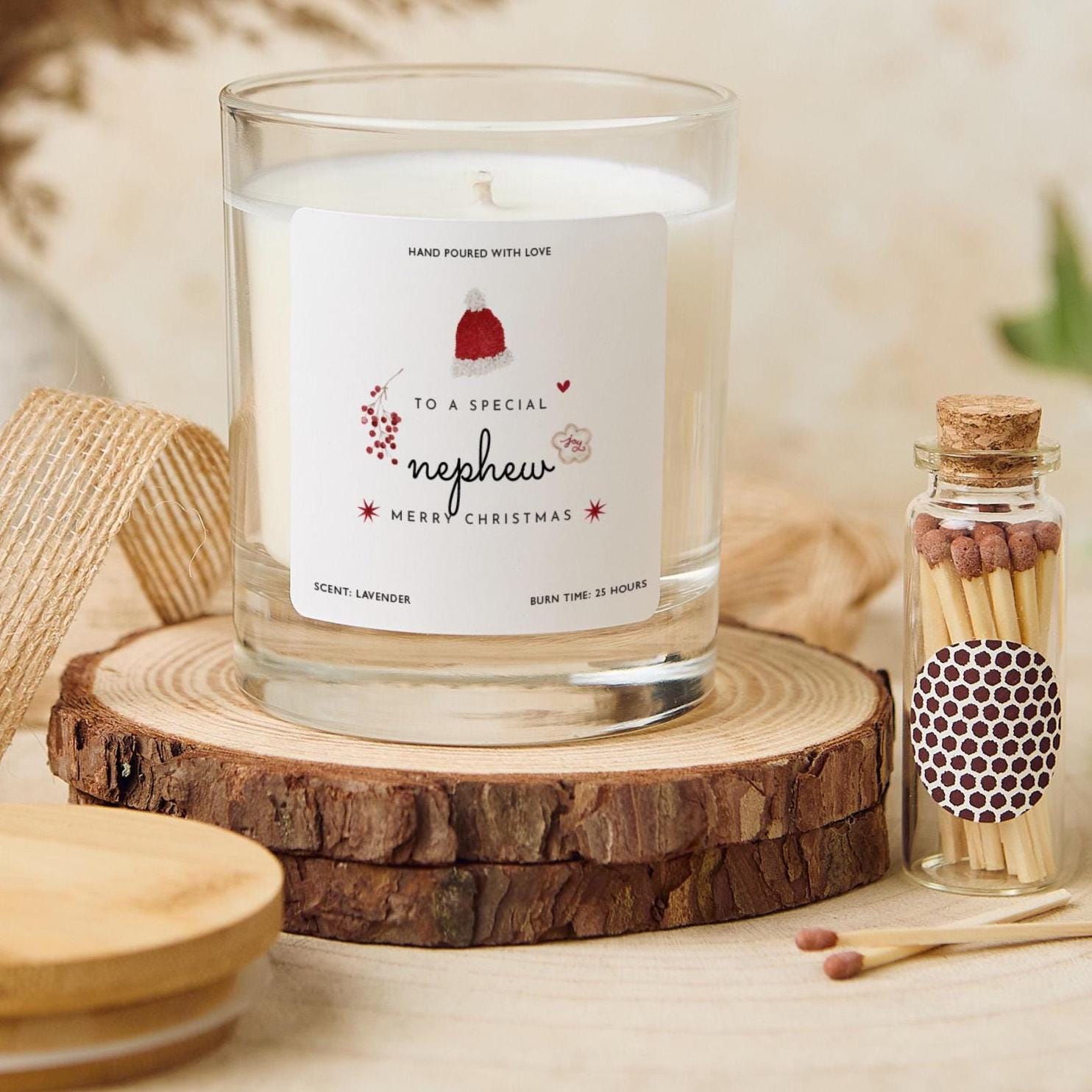 Christmas Gift for Nephew Vegan Soy Wax Candle with Bamboo Lid Free Gift Package with Mini Matches Jar