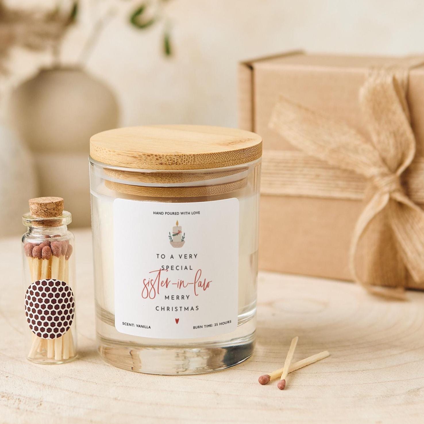 Christmas Gift for Sister in Law Vegan Soy Wax Candle with Bamboo Lid Free Gift Package with Mini Matches Jar