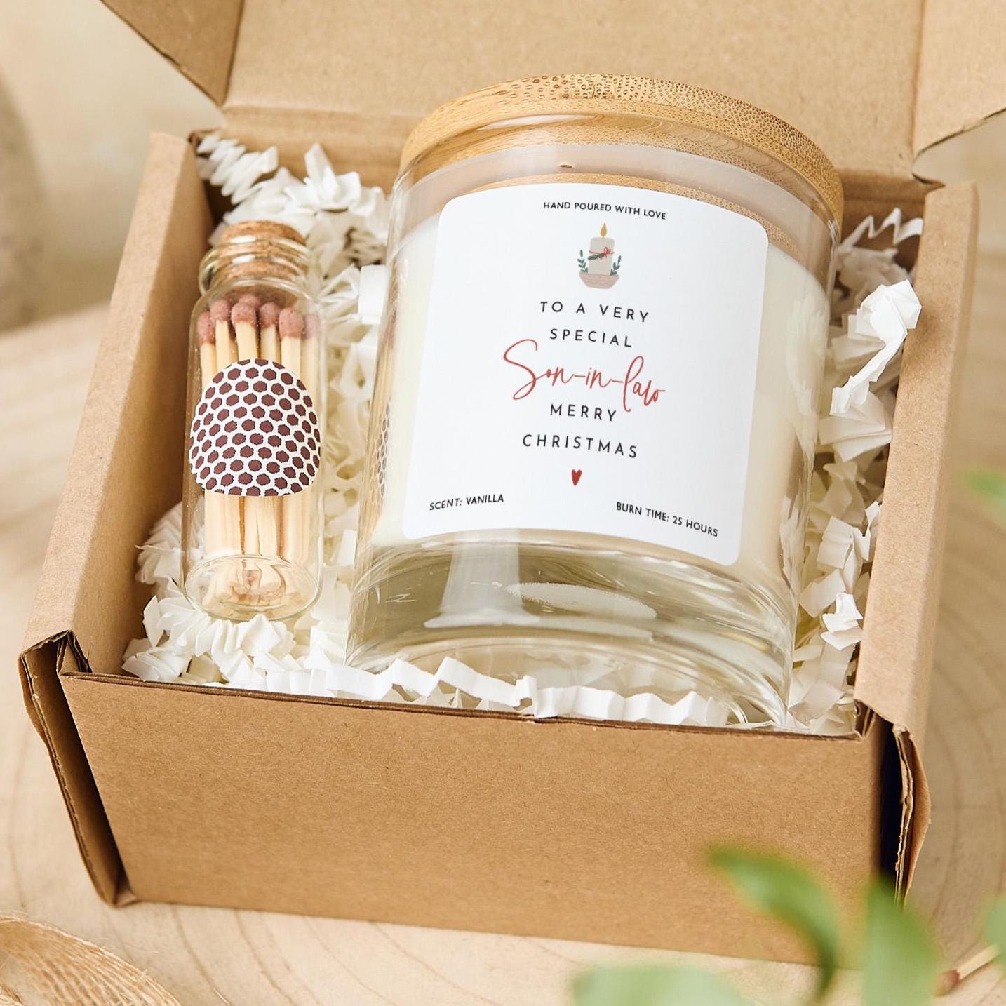 Christmas Gift for Son in Law Vegan Soy Wax Candle with Bamboo Lid Free Gift Package with Mini Matches Jar