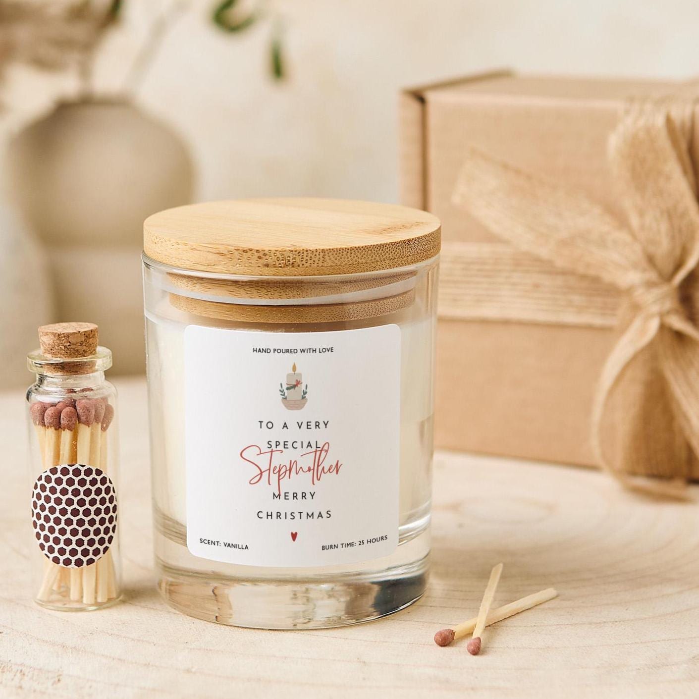 Christmas Gift for Stepmother Vegan Soy Wax Candle with Bamboo Lid Free Gift Package with Mini Matches Jar