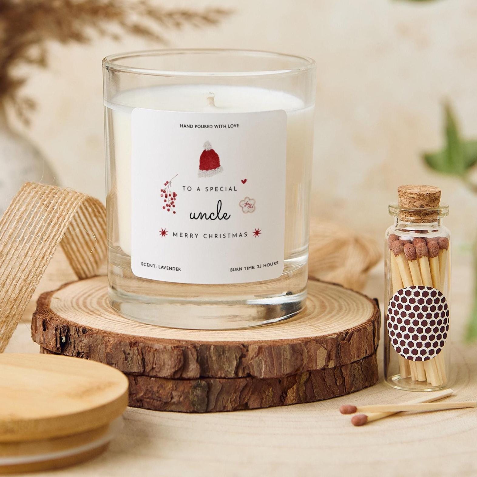 Christmas gift for Uncle Vegan Soy Wax Candle with Bamboo Lid Free Gift Package with Mini Matches Jar