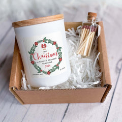 First Christmas as Grandparents Candle Gift 1st Xmas as Nanny & Grandad Vegan Soy Wax Free Gift Box and Mini Matches Jar