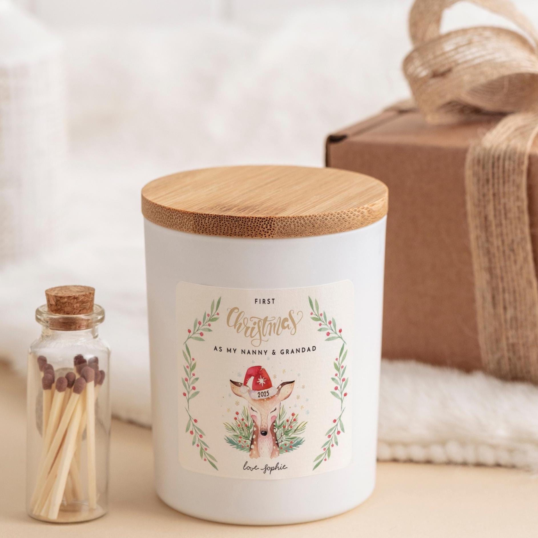 First Christmas Candle Gift for Nanny and Grandad Personalised Reindeer Design 1st Xmas Keepsake for Grandma Grandpa Nan