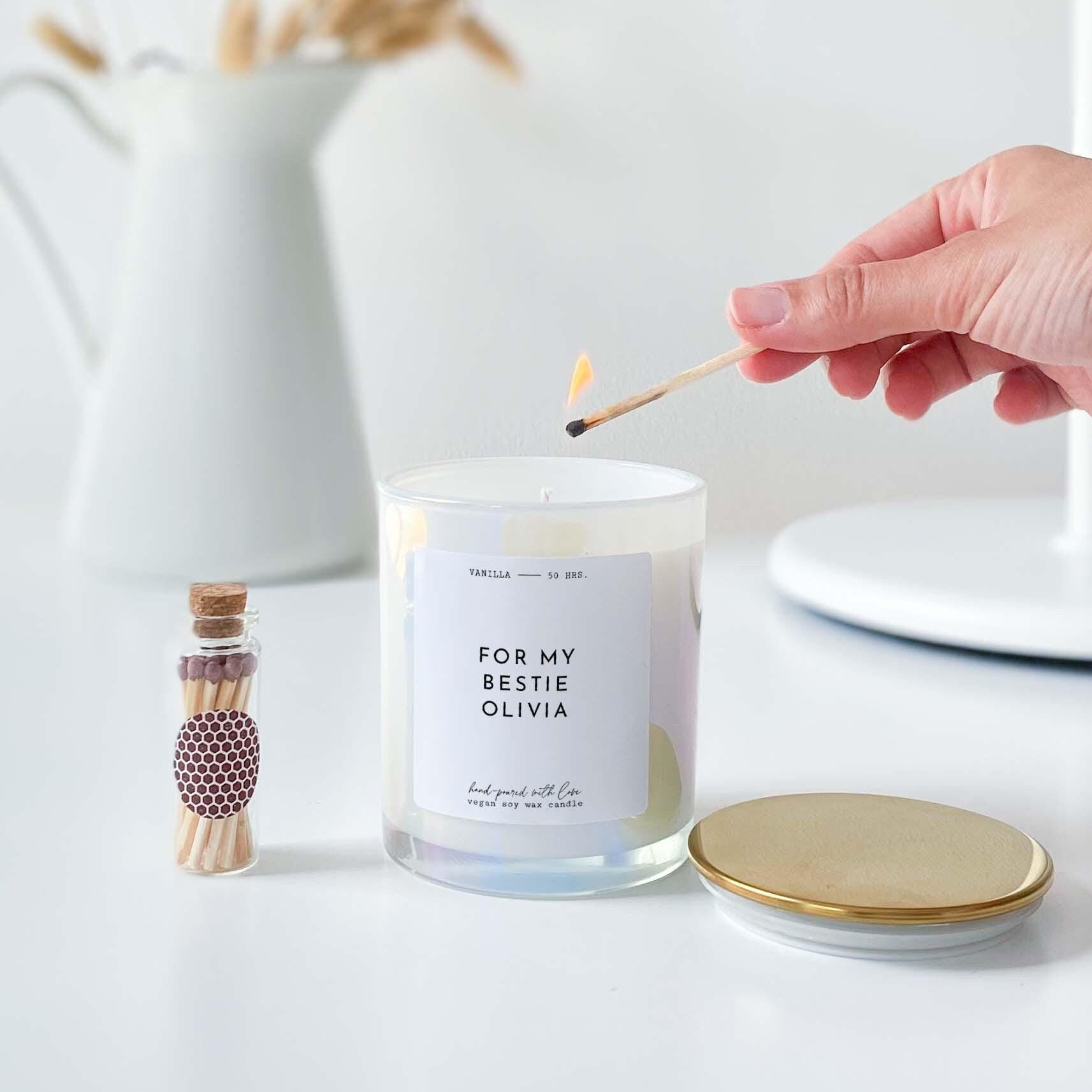 For my bestie with name scented candle with metal lid Personalised gift for her Birthday Christmas gift for her friend Best friend gift