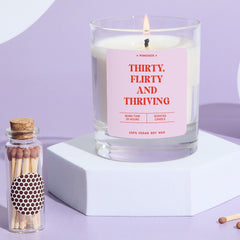 Funny 30th Birthday Candle Gift Celebrate Thirty Flirty and Thriving Fun Keepsake for Her Friend Bestie Vegan Soy Wax Candle