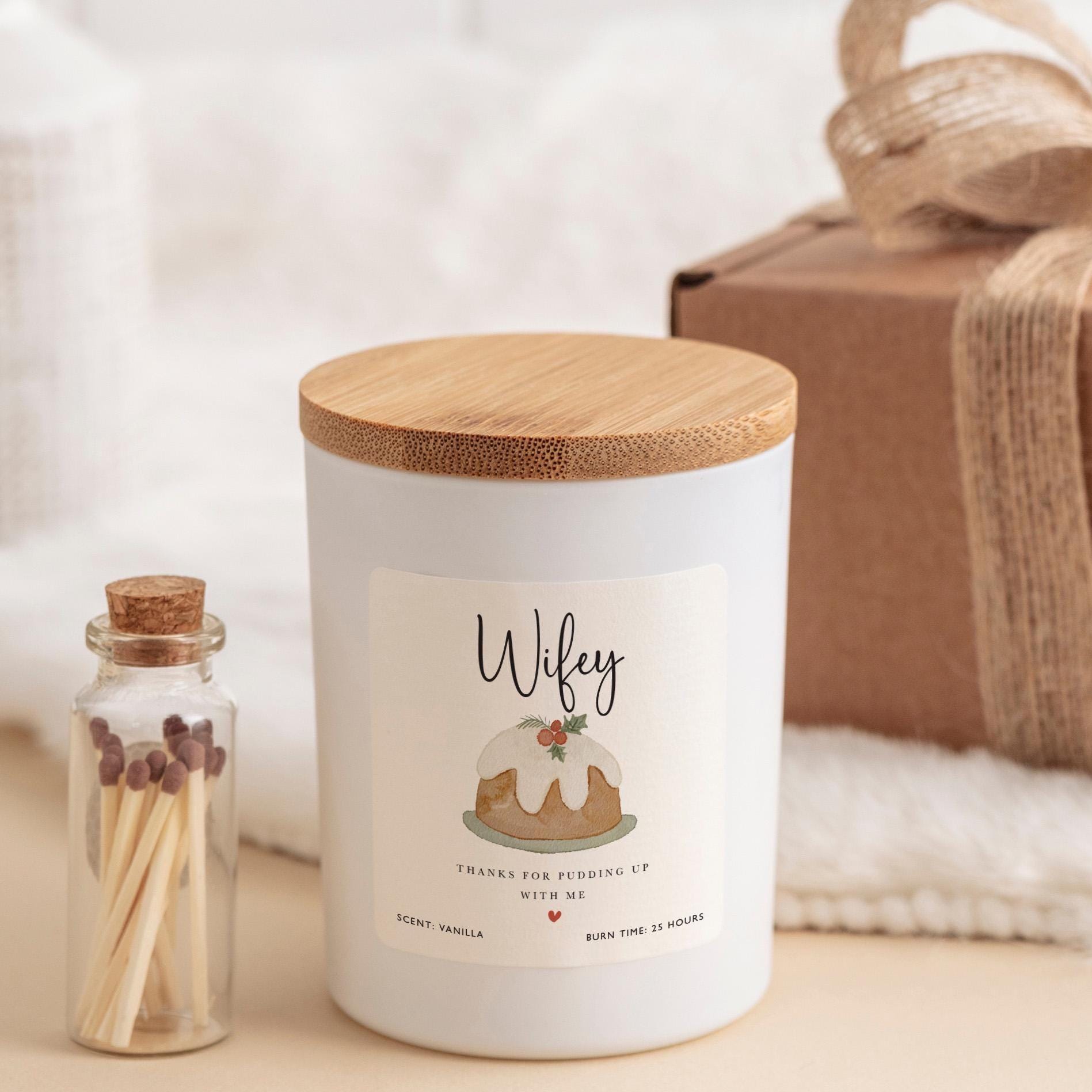 Funny Christmas Candle Gift for Wife Wifey Pudding Joke Keepsake Vegan Soy Wax Free Gift Package and Mini Matches Jar