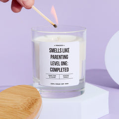 Funny Parenting Candle Gift Smells Like Parenting Level One: Completed Playful Keepsake for First Birthday Gift for Parents Mum Dad