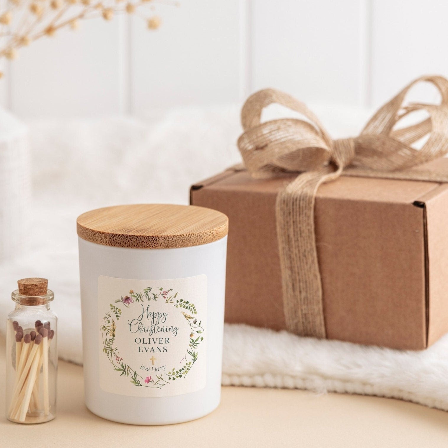 Happy Christening scented candle with name and sender Baptism Grandson Granddaughter Son Daughter Nephew Niece Godson Goddaughter gift