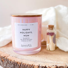 Happy holidays mum scented candle with metal lid and matches jar Gift for mummy Christmas present for mama Luxurious New mum gift