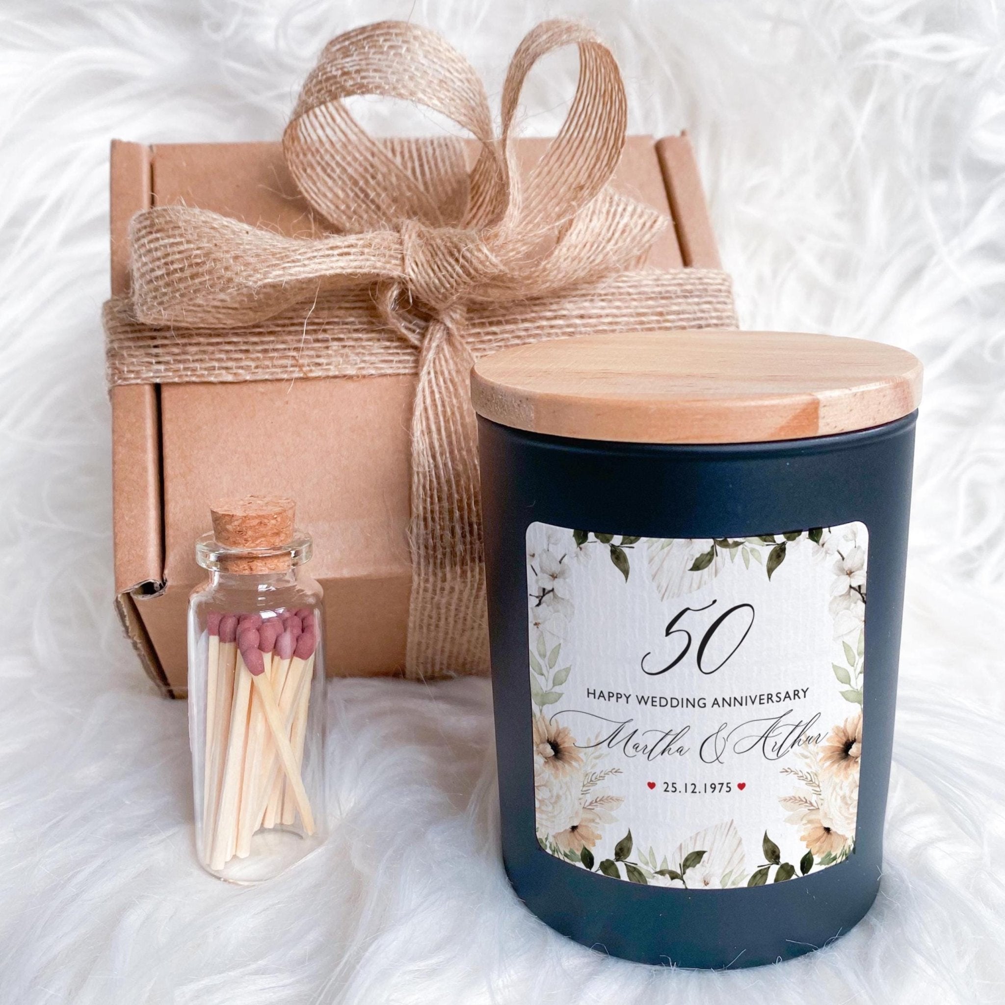Personalised Anniversary Candle Gift Set for a Couple Her Him Celebrating 1st 10th 25th 30th 40th 50th or 60th Present with Names & Date