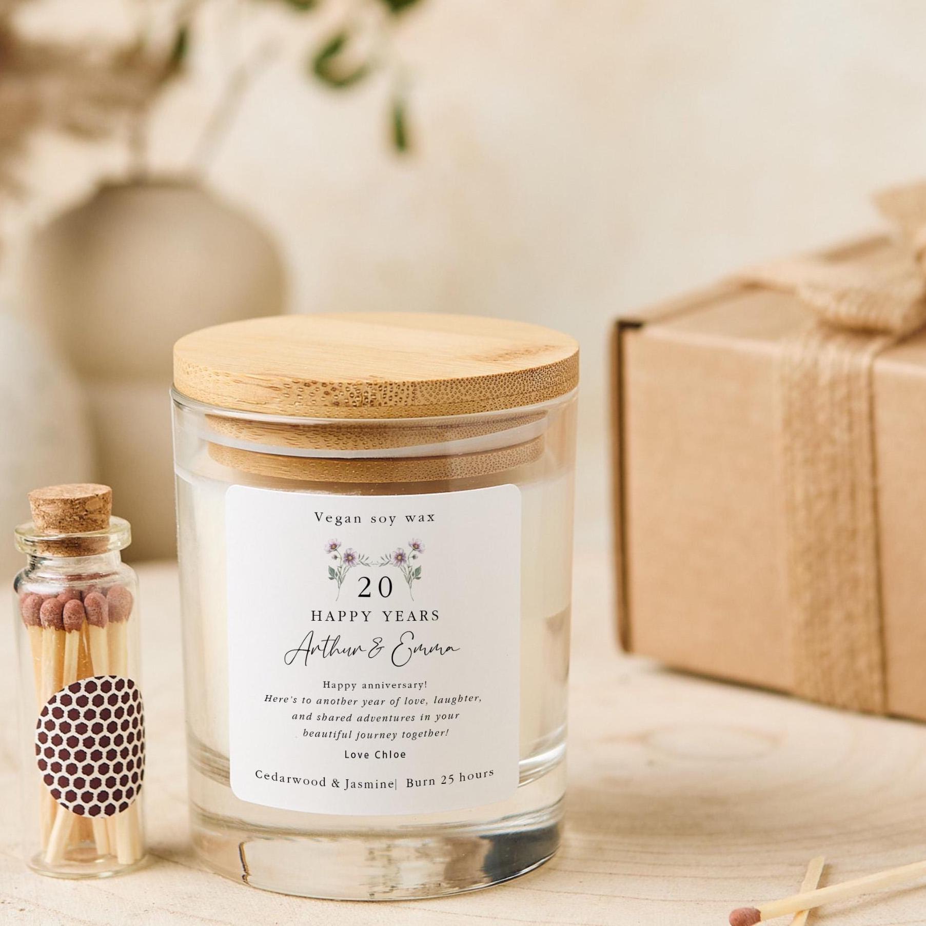 Personalised Anniversary Gift Vegan Candle Happy Years Keepsake with Custom Names and Message Present for Husband, Wife or Couple