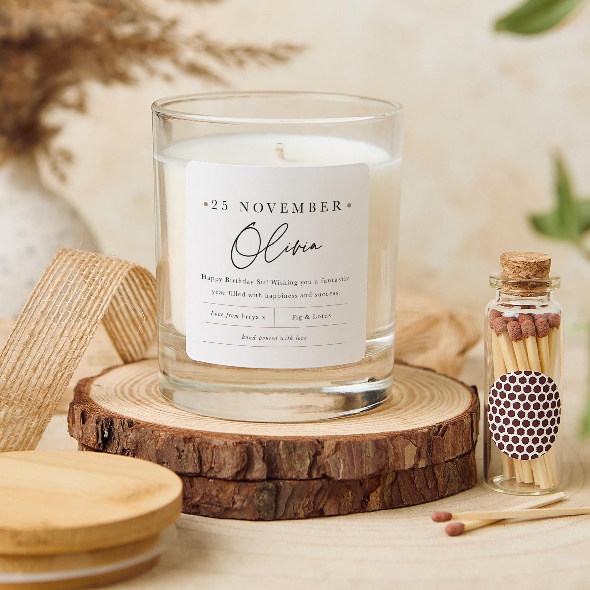 Personalised Birthday Scented Candle Gift for Her Friend Sister Mum Nanny with Your Text Custom with Wooden Lid Name Date Keepsake Present