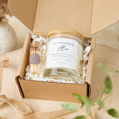 Personalised Birthday Scented Candle Gift for Her Friend Sister Mum Nanny with Your Text Custom with Wooden Lid Name Date Keepsake Present