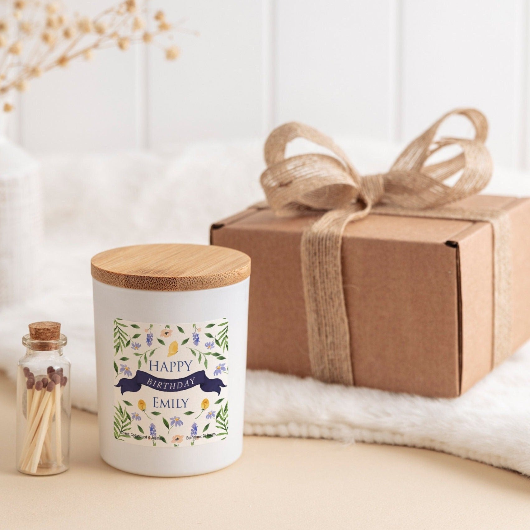 Personalised Birthday Scented Candle with Name, Floral Happy Birthday Gift for Her Him, Colourful Wild Flowers Present Women Girl Teenage