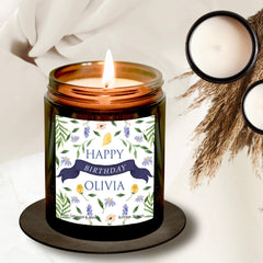 Personalised Birthday Scented Candle with Name, Floral Happy Birthday Gift for Her Him, Colourful Wild Flowers Present Women Girl Teenage