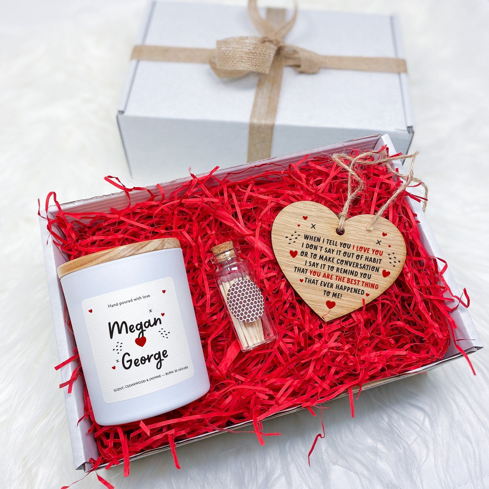 Personalised Candle Set with Wooden Heart with couple names Gift for her him Valentines Day Christmas Birthday Wife Girlfriend Fiancee