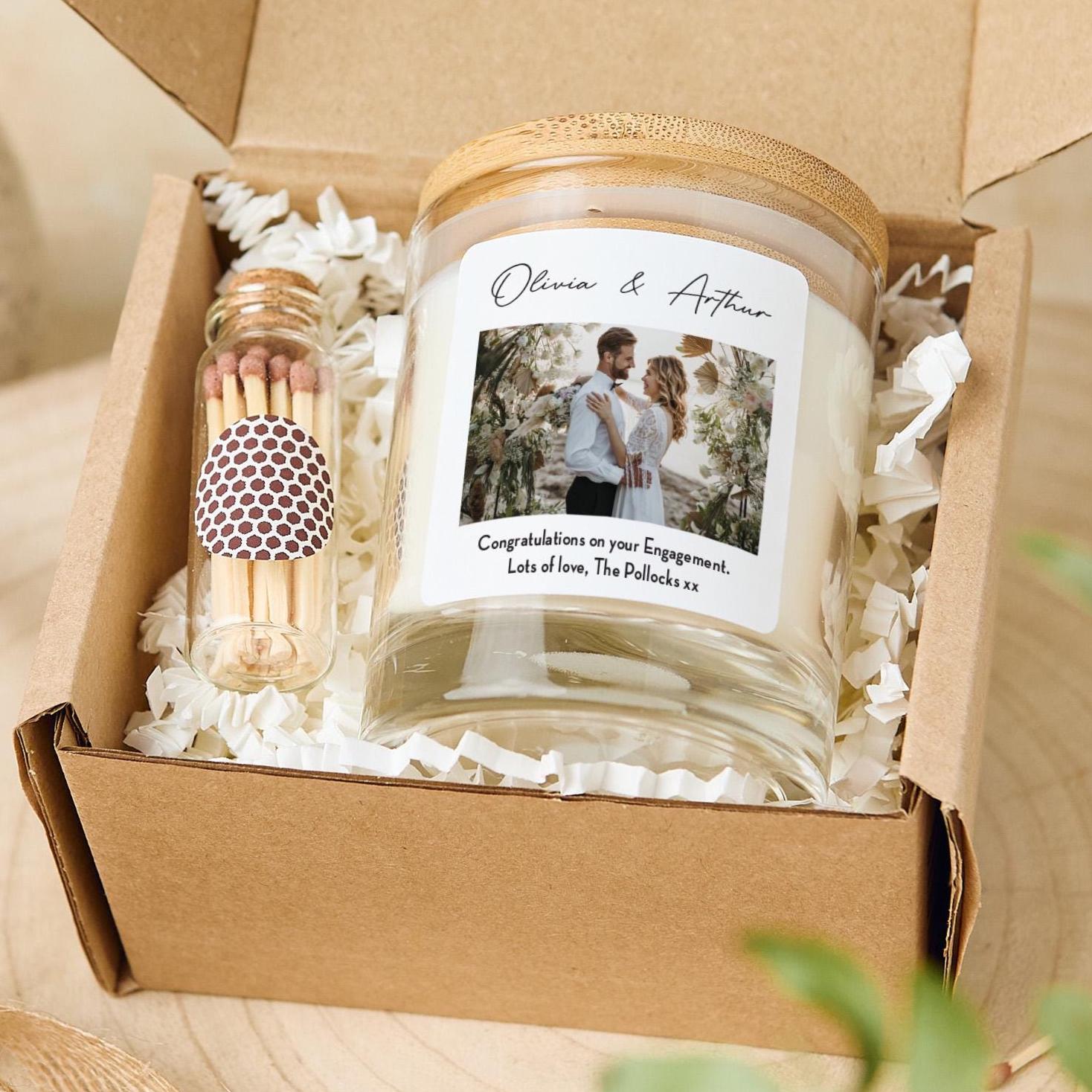 Personalised Engagement Candle Gift with Photo Couple Names and Your Text Free Gift Package and Mini Matches Jar