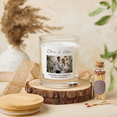Personalised Engagement Candle Gift with Photo Couple Names and Your Text Free Gift Package and Mini Matches Jar