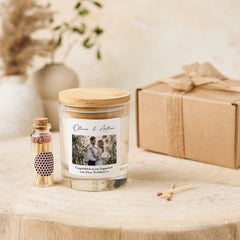 Personalised Engagement Candle Gift with Photo Couple Names and Your Text Free Gift Package and Mini Matches Jar