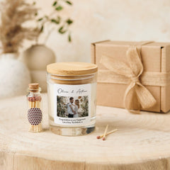 Personalised Engagement Candle Gift with Photo Couple Names and Your Text Free Gift Package and Mini Matches Jar