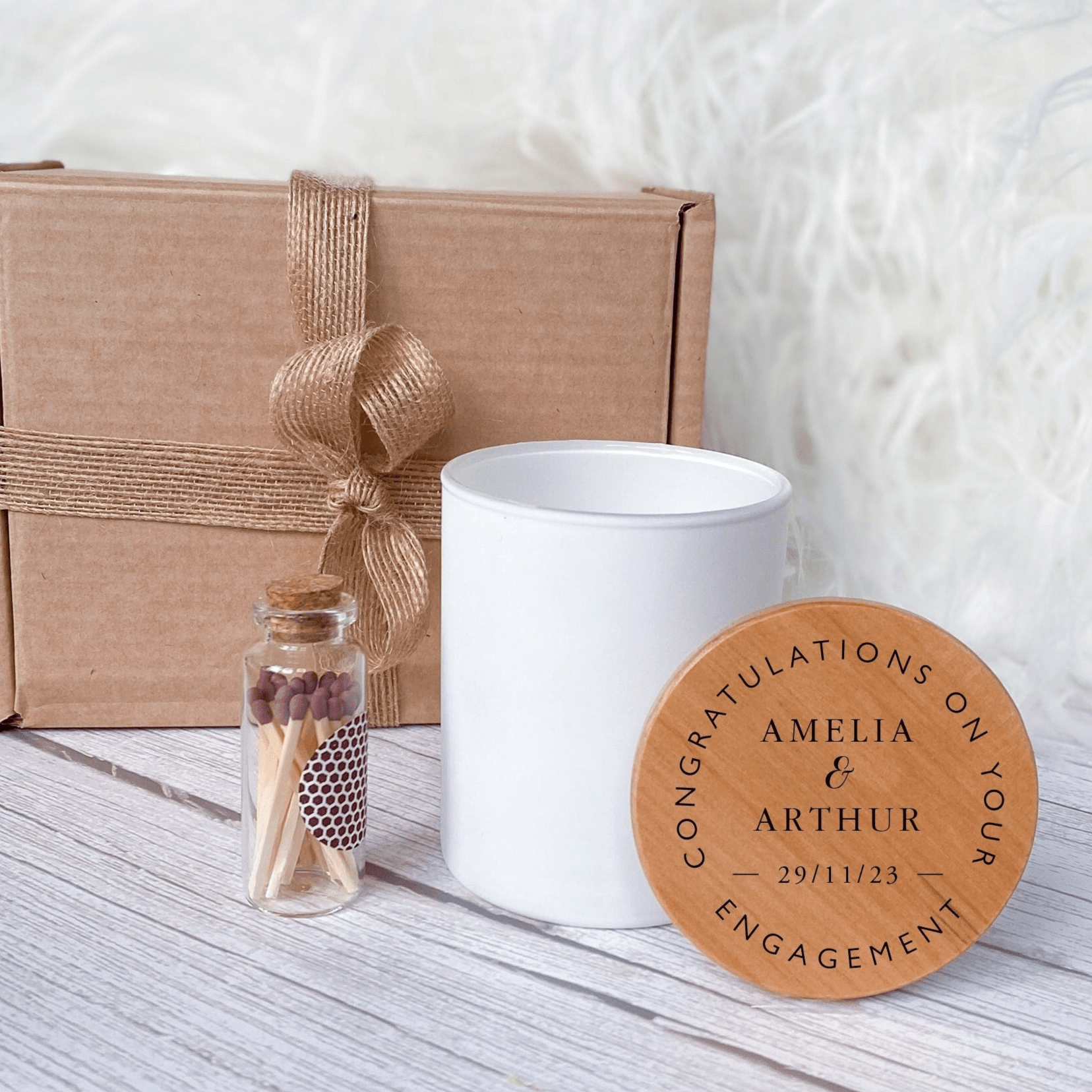 Personalised Engagement Candle with Wooden Engraving Lid, Gift for Engaged Couple, Hand Poured Luxury Keepsake Congratulations on Your