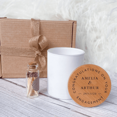 Personalised Engagement Candle with Wooden Engraving Lid, Gift for Engaged Couple, Hand Poured Luxury Keepsake Congratulations on Your