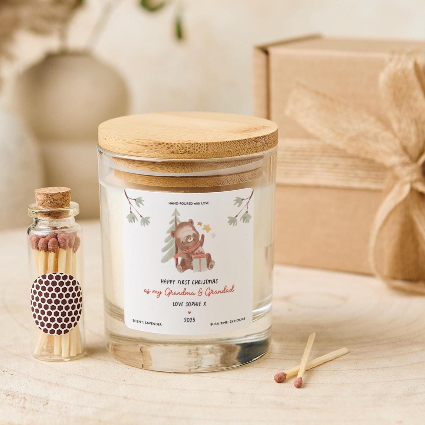 Personalised First Christmas as Grandma and Grandad Gift Vegan Soy Wax Candle Free Gift Box and Mini Matches Jar