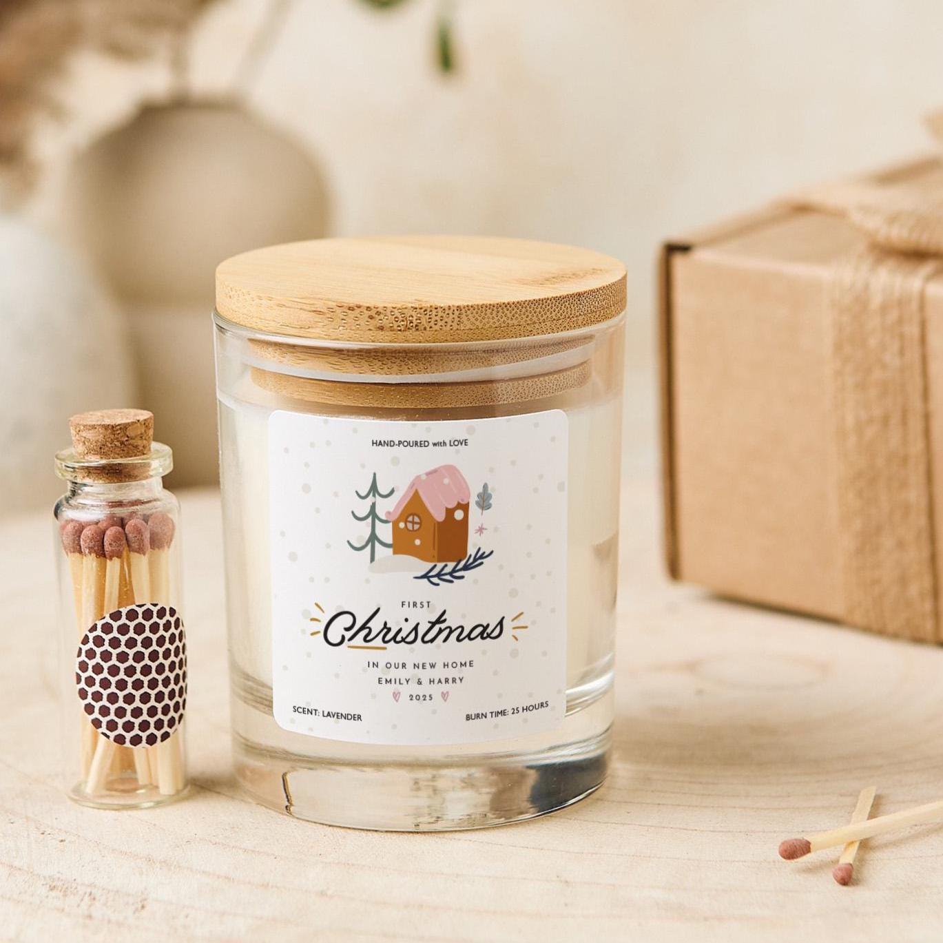 Personalised First Christmas New Home Candle Gift Cosy Winter House Design Keepsake for Couples Friends or Family Holiday Present