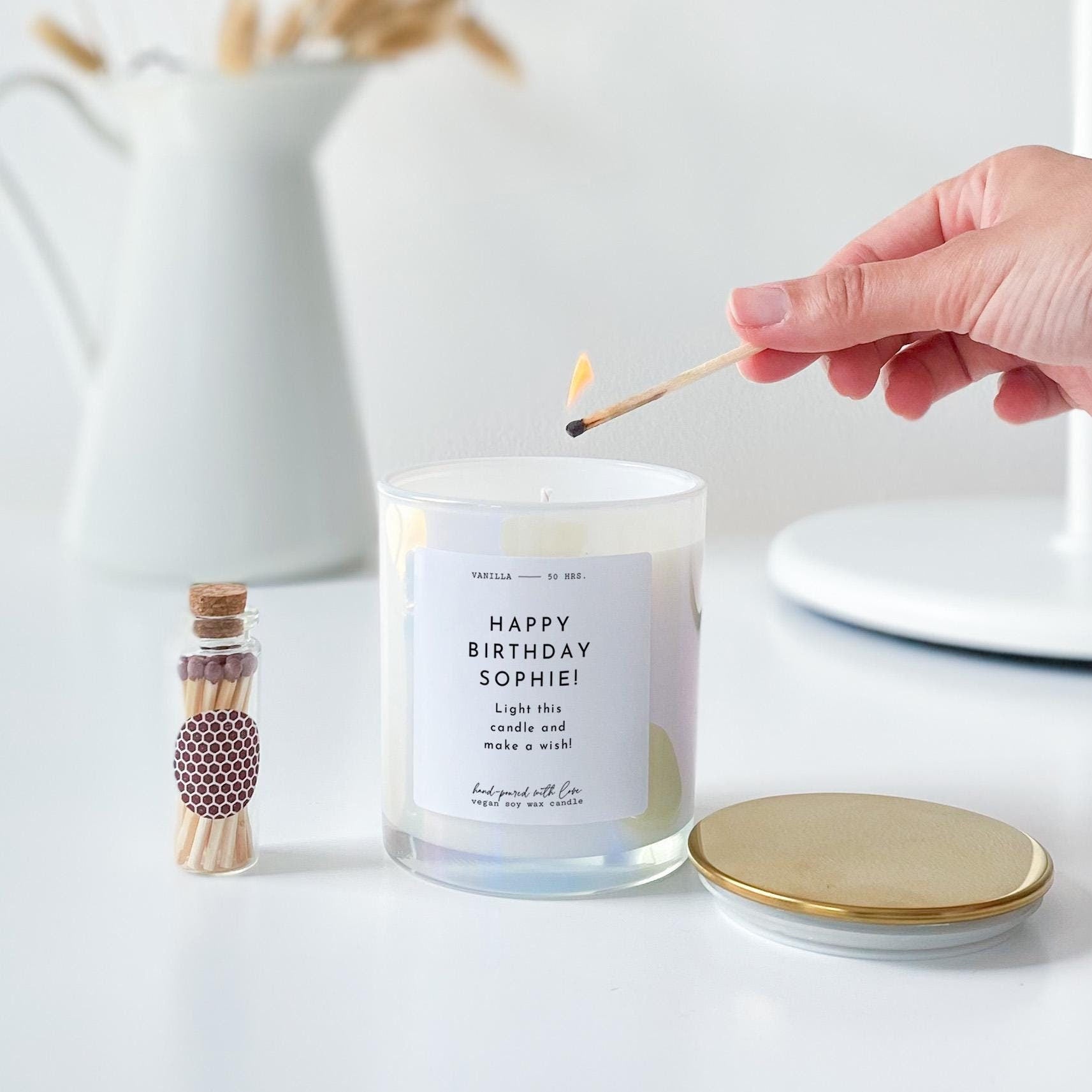 Personalised happy birthday scented candle with metal lid Make a wish Gift for her 30th 40th 50th 60th 70th Friend Mum Sister Colleague