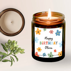 Personalised Happy Birthday Scented Candle with Name, Birthday Gift for Her Him, Colourful Flowers, Floral Birthday Present Girl Teenage