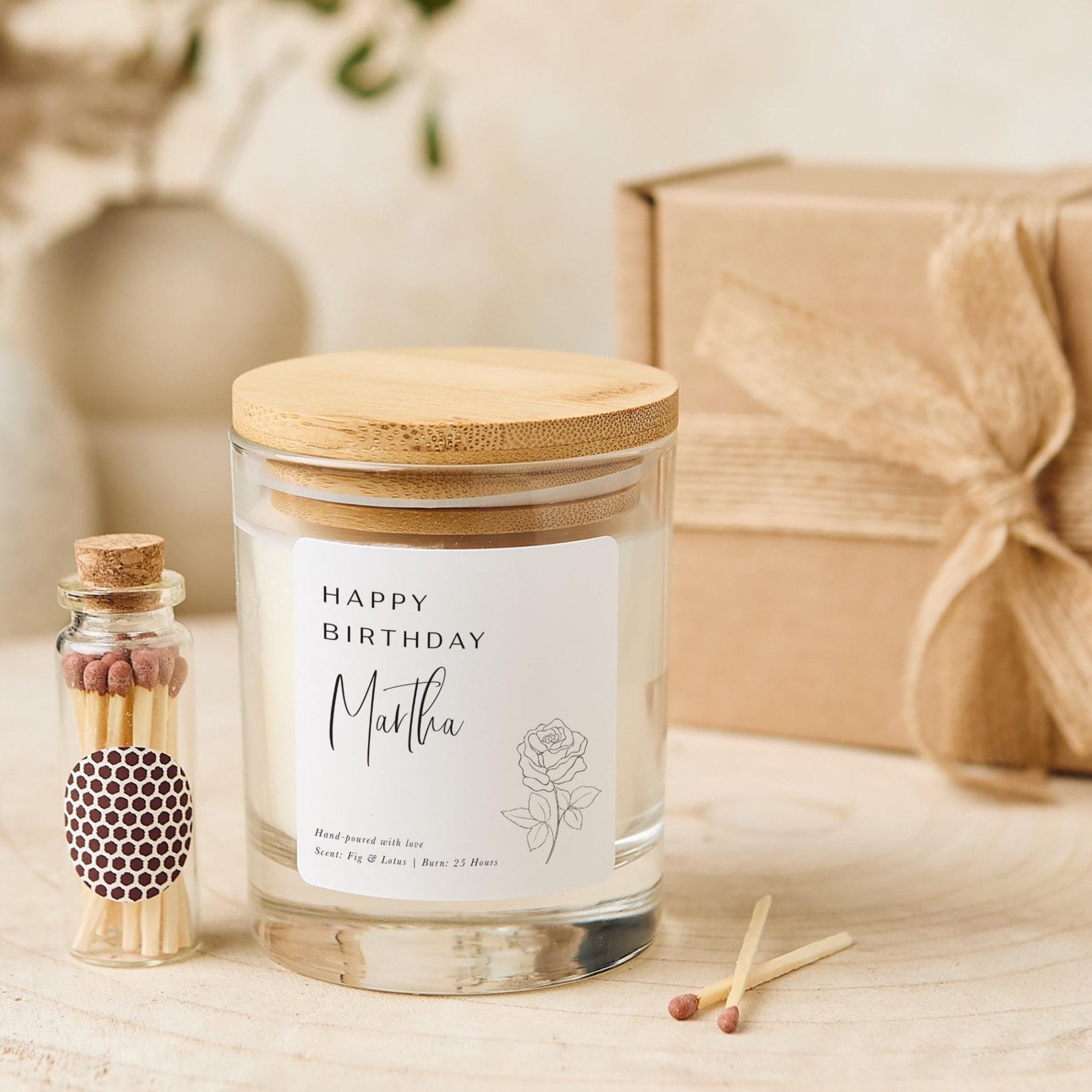 Personalised Happy Birthday Scented Vegan Candle Gift Set with Name for Her with Wooden Lid Keepsake Friend Niece Auntie Mum Grandma Present