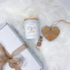 Personalised love themed candle with wooden heart with couple names Gift for her Valentines Day Christmas Birthday Wife Girlfriend Fiancee