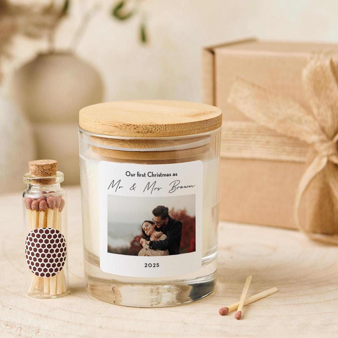 Personalised Our First Christmas Married Candle Gift with Photo and Last Name Custom Couple Keepsake for Wife Newlyweds