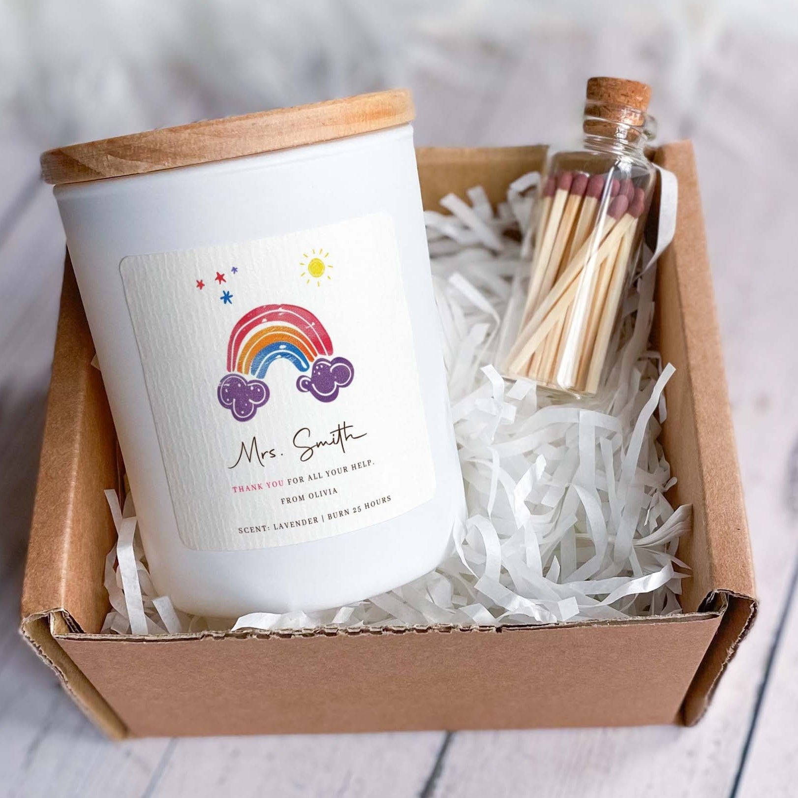 Personalised teacher scented candle with teacher's and student name FREE GIFT PACKAGE mini matches jar Thank you Teacher Appreciation gift