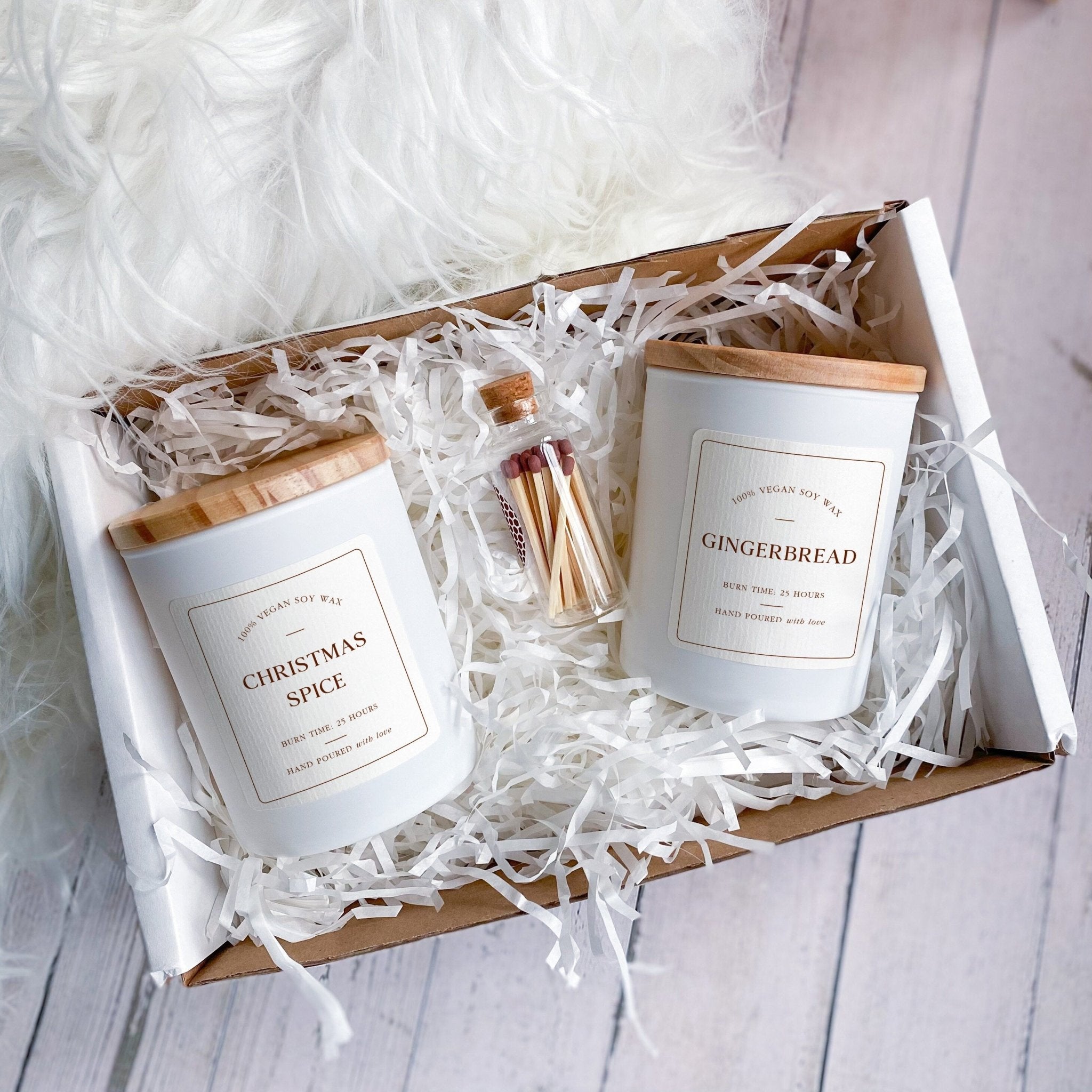 Scented candle with wooden lid and matches in a jar, Christmas Gift for Her, Gift Box, Cosy Stylish Unique Vegan Xmas Present Hygge Gift