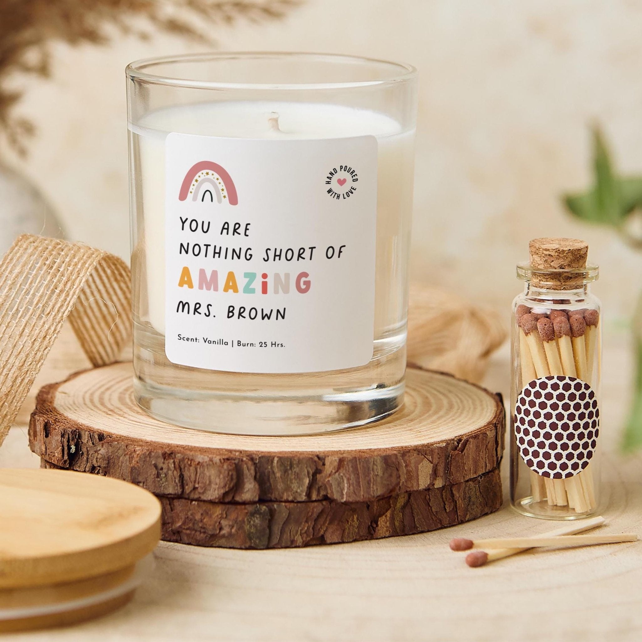 Teacher Gift Personalised Thank You Candle and Match Set Amazing Teacher Assistant Nursery Carer Childcare Appreciation End of Term Keepsake