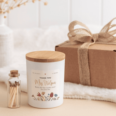 Thank you teacher scented candle with teacher's and student name FREE GIFT PACKAGE and mini matches jar Teacher thank you gift