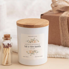 Wedding Day Scented Candle Gift with Floral Design Personalised Keepsake for Couple or Newlyweds Romantic Present for Bride and Groom Vegan