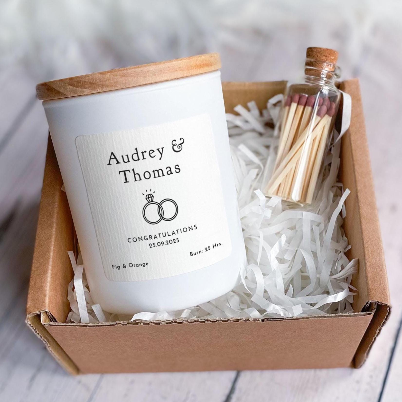 Wedding or Engagement Scented Candle Gift Personalised Keepsake for Married Engaged Couple with Name Date Romantic Vegan Gift for Her Him