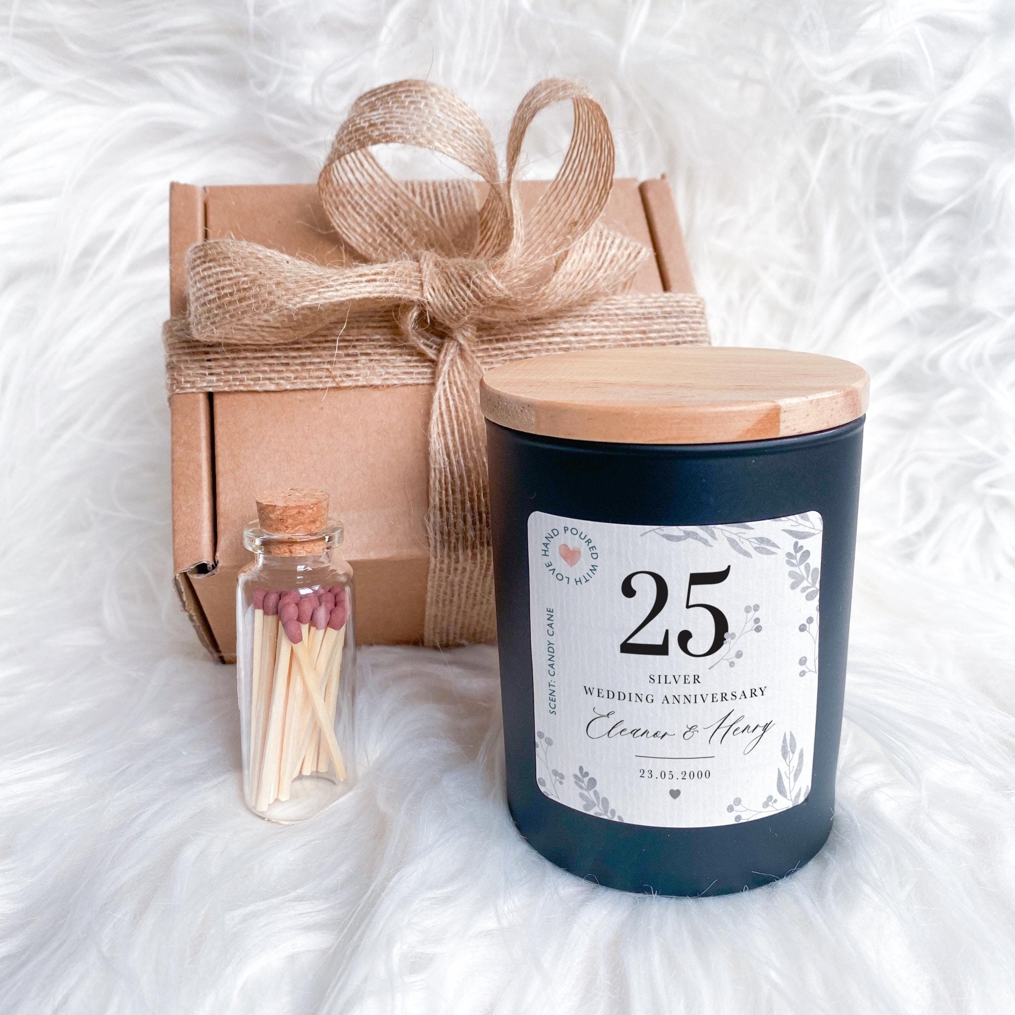 25th Silver Wedding Anniversary Candle Personalised Gift for Couples with Names Date 25 Years of Marriage Keepsake for Parents Grandparents
